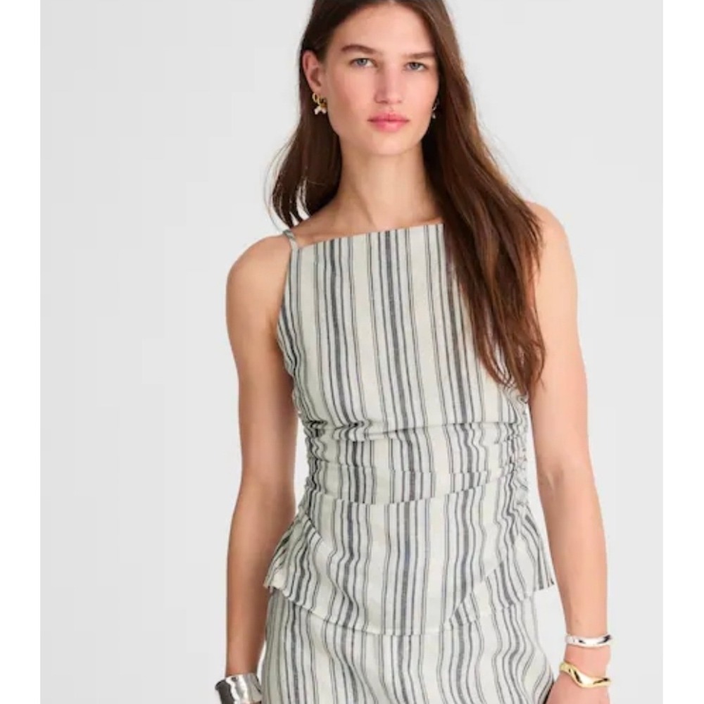 Madewell Women 12 Lighthouse Blue Striped Ruched Square Neck Tank Linen Cotton